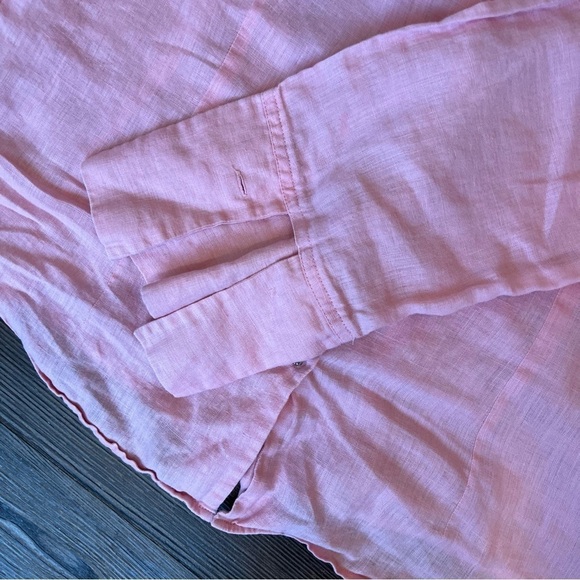 Pure linen pink blouse rhinestone buttons Floral Rose Detail size large - Picture 9 of 10